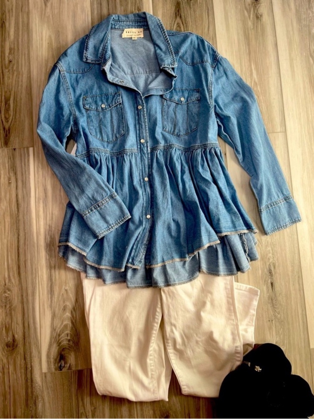 Dress Up Light Blue Denim Peplum Button-Down Shirt